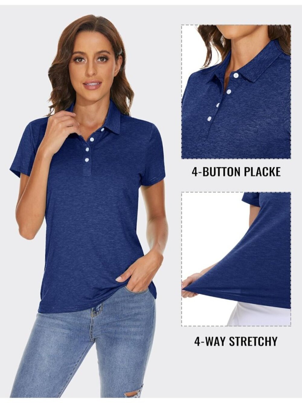 Womens Dark Blue Short Sleeve Golf Shirts 4-Button Quick Dry Collared Top forGym - Picture 5 of 6